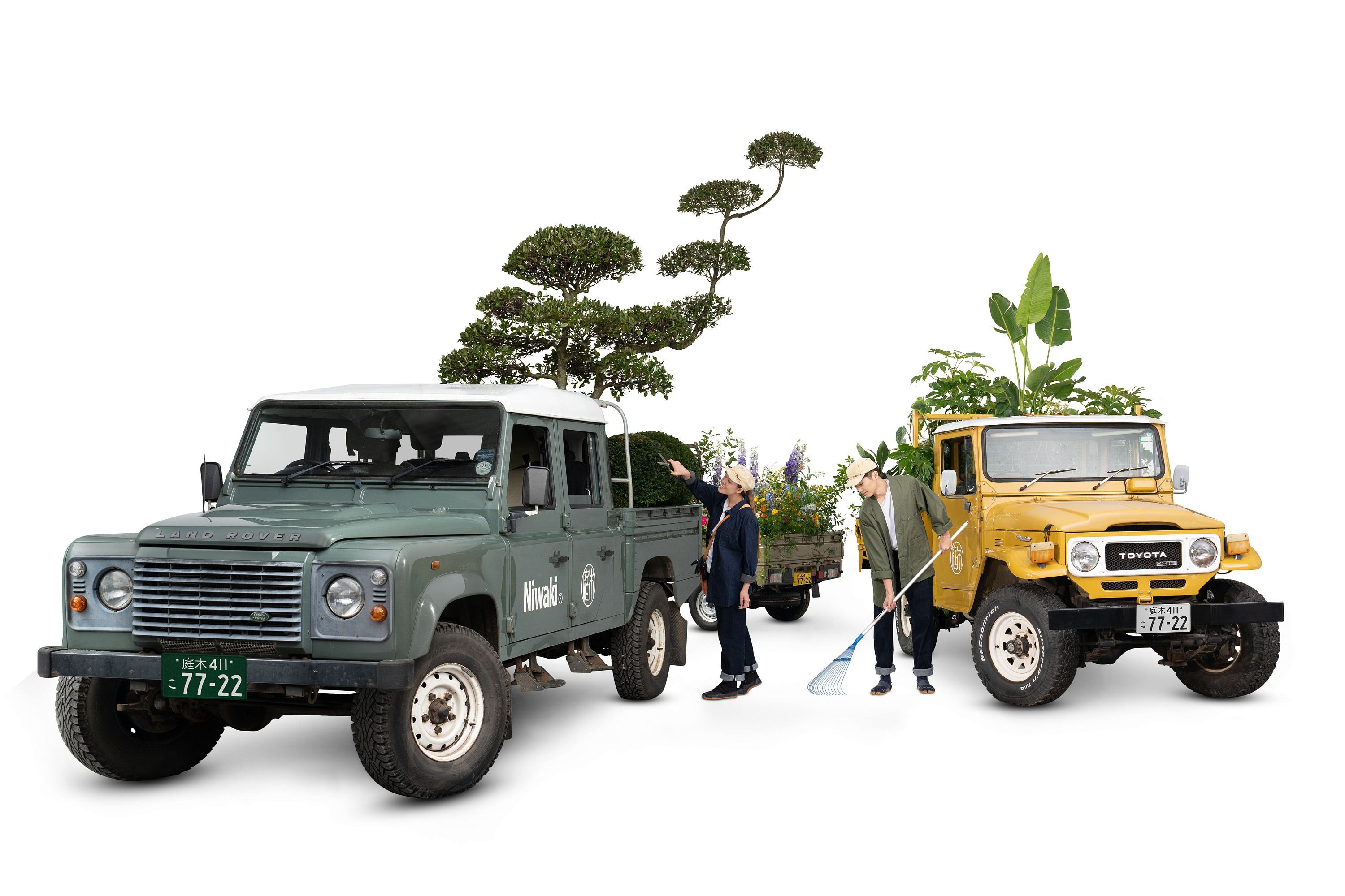 Niwaki Land Rover and Toyota with Holm Oak, Niwaki style, rake and other garden tools from Japan