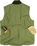 Cavernous back pocket – a continuation of the front pocket, with poppers for dividing the two – on Niwaki Garden Waistcoat • Green