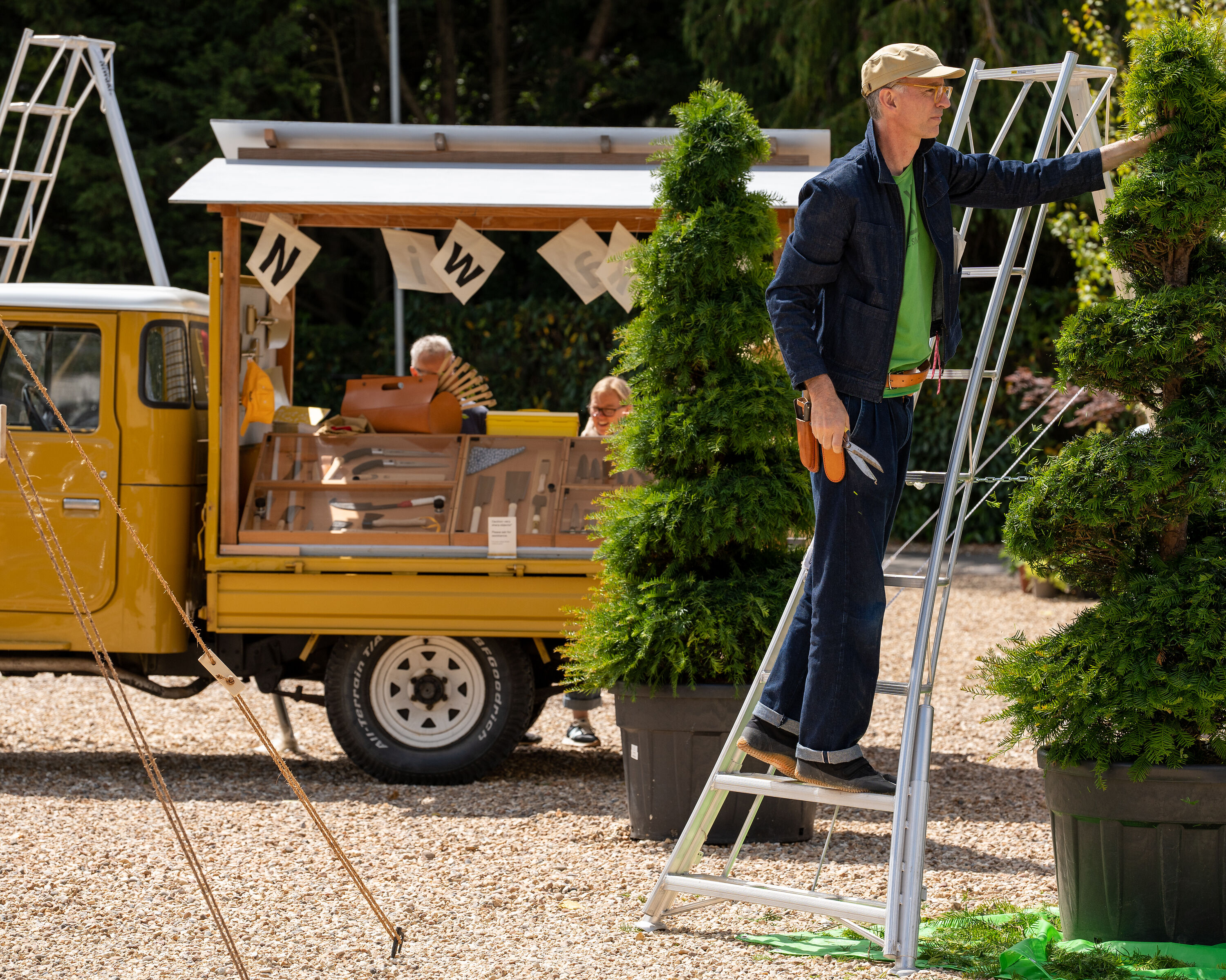 Niwaki at Burford Garden Co. July 2022 Jake Hobson on an original tripod ladder with topiary shears and Hori Hori secateurs niwaki Kojima selvedge denim jeans and Shigoto work shirt